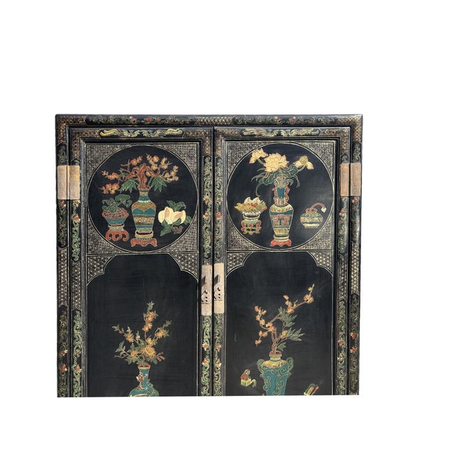 Vintage Oriental Black Lacquer Color Flower Vases Graphic Storage Cabinet For Sale In San Francisco - Image 6 of 11