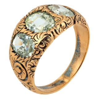 Early 20th Century Victorian Gia 2.60 Carat Old Mine Cut Diamond 14k Gold Diamond Three Stone Band, Size 8 For Sale