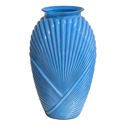 20th Century Art Deco Style Turquoise Ribbed Glass Vase, France For Sale