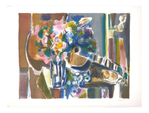 Flowers And Guitar - Original Lithograph by Jean Marzelle - 1970s 1970s