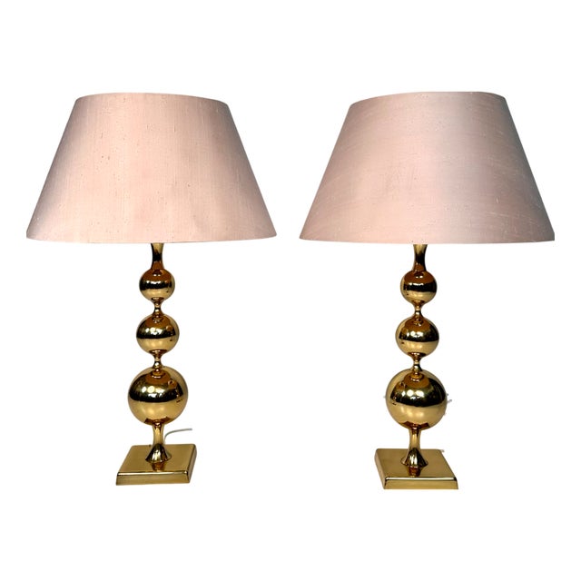 Large Table Lamps with Sculptural Brass Ball Bases, 1970s, Set of 2 For Sale