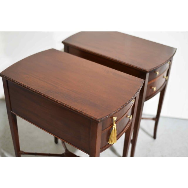Mid Century Hepplewhite Style Mahogany Bow-Front Bedside Tables With Faux-Bamboo Stretchers - A Pair For Sale - Image 9 of 16