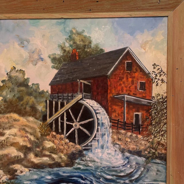 Vintage Original Landscape Painting of an Old Gristmill With Waterwheel Signed Leeta For Sale - Image 4 of 11
