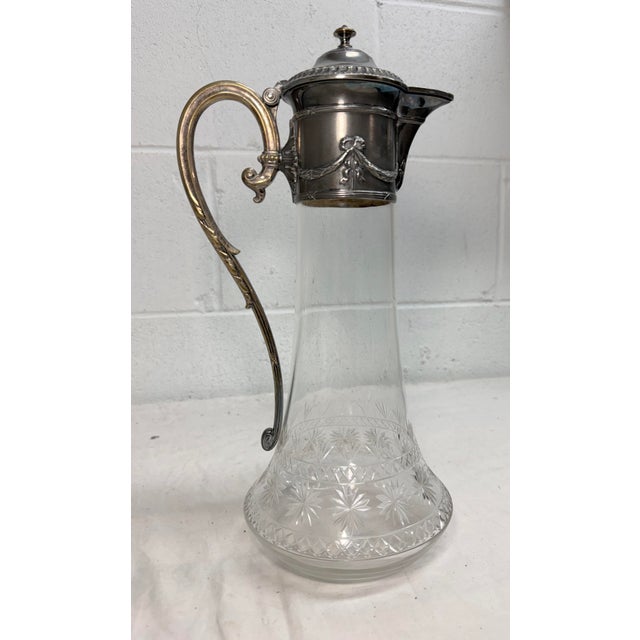 Silver Antique 1800's Ornate Silverplate Etched Crystal Glass Wine Claret Decanter WMF For Sale - Image 8 of 16