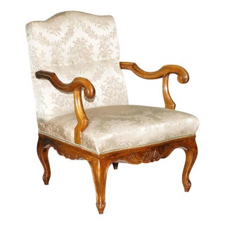 Antique French Walnut Armchair with Silk Damask Upholstery, 1880s For Sale