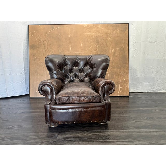 Wood Rh Churchill Leather Chair With Nailheads Vintage Ebony Leather | Down-Feather Fill | Classic Depth For Sale - Image 7 of 18