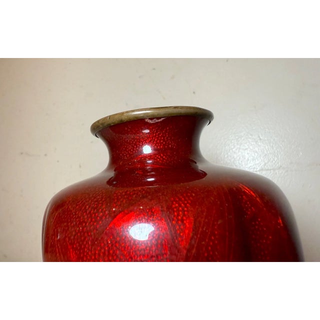 Antique Japanese Ginbari Red Foil Enamel Bird Bamboo Bronze Guilloche Vase Asian For Sale - Image 10 of 18