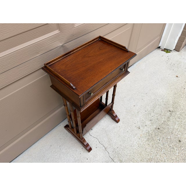 Wood Mid-20th Century Brandt Walnut Faux Bamboo Side Table With Drawer & Magazine Rack For Sale - Image 7 of 17
