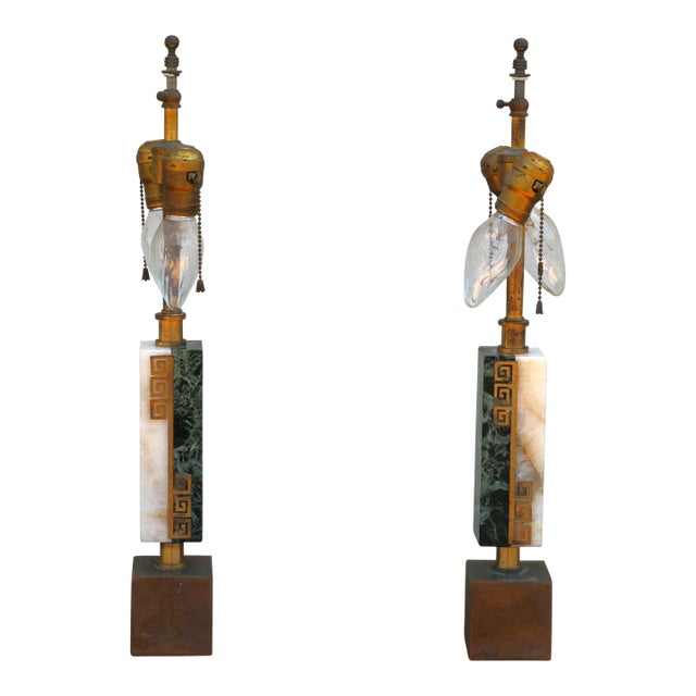 Vintage Pair of Marble and Brass Table Lamps For Sale