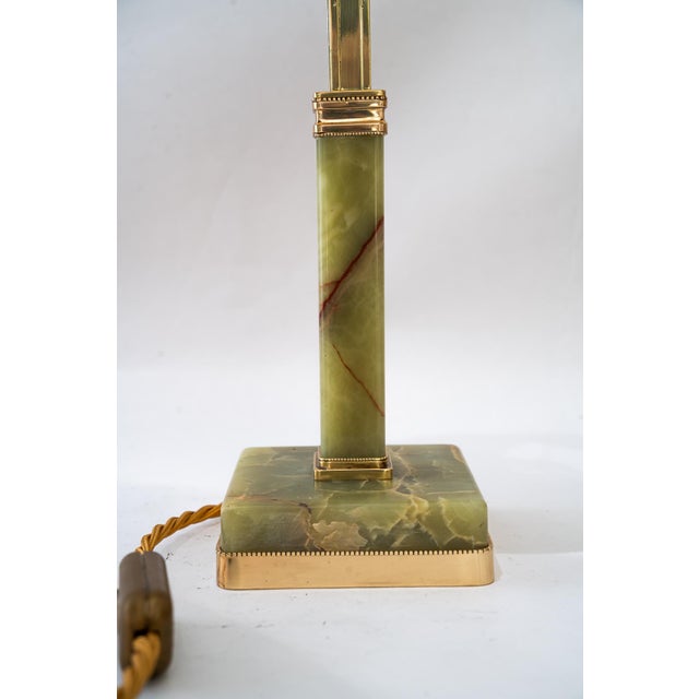 Gold Art Deco Jade Table Lamp with Brass and Fabric Shade, 1920s For Sale - Image 8 of 18