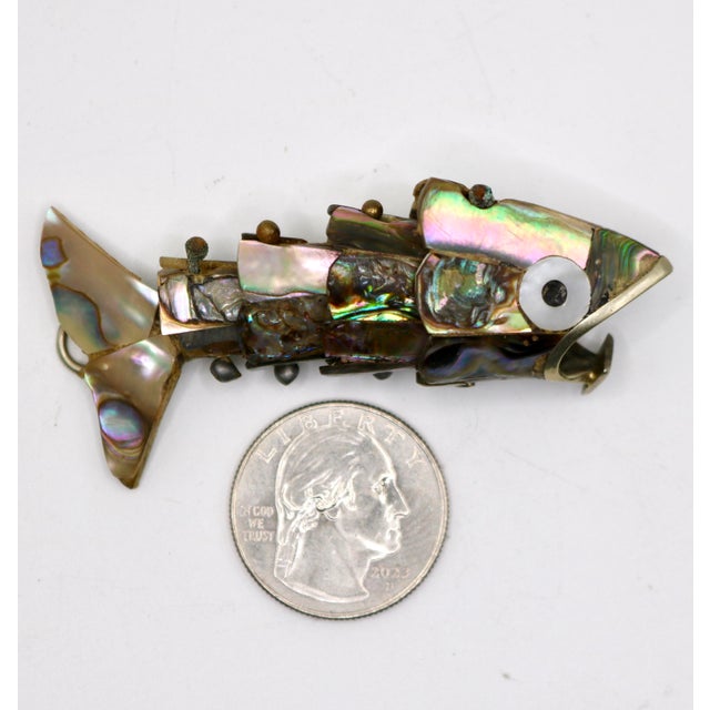 Silver Mid-Century Mexican Miniature Articulated Brass & Abalone Fish Bottle Opener/Pocket Charm For Sale - Image 8 of 8