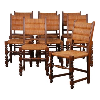 Vintage Wood Straw-Seated Chairs, 1940, Set of 8 For Sale