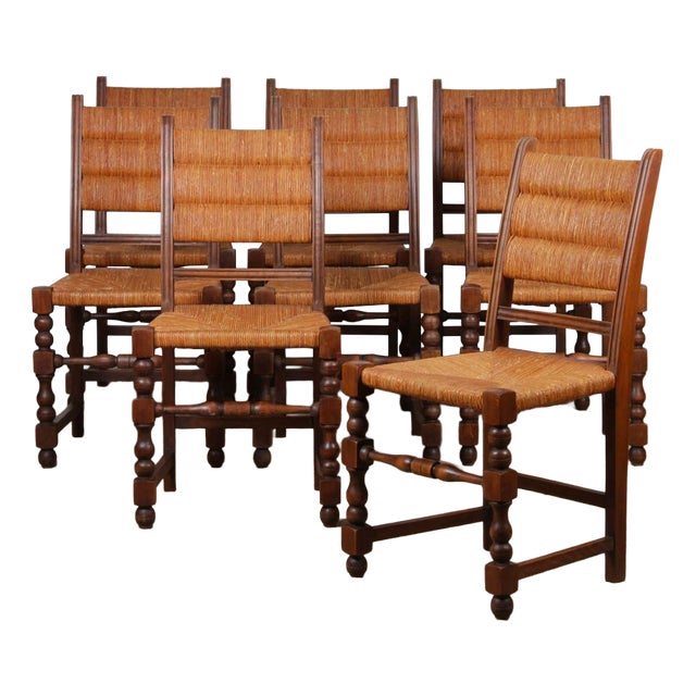 Vintage Wood Straw-Seated Chairs, 1940, Set of 8 For Sale