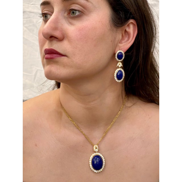 15Ct Diamond & 30Ct Natural Lapis Lazuli Set 18 K Y Gold, Ring, Earring, Pendant For Sale - Image 10 of 18