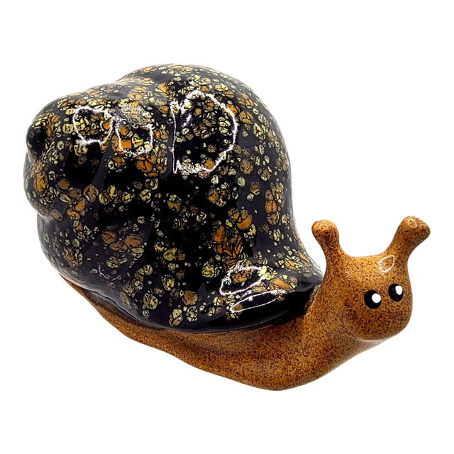 Vintage MCM Studio Art Ceramic Unique Black Speckled Shell Glaze Snail Figurine For Sale
