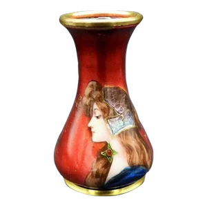 Antique French Enamel Hand Painted Renaissance Woman Miniature Portrait Vase Signed M Corus 1900