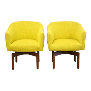 Jens Risom Yellow Swivel Lounge Chairs - a Pair