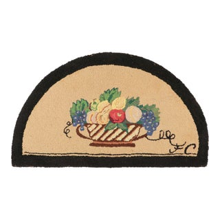 Antique Framed Hooked Demi Lune Rug, Fruit Bowl Pictorial in Beige - Rug & Kilim For Sale