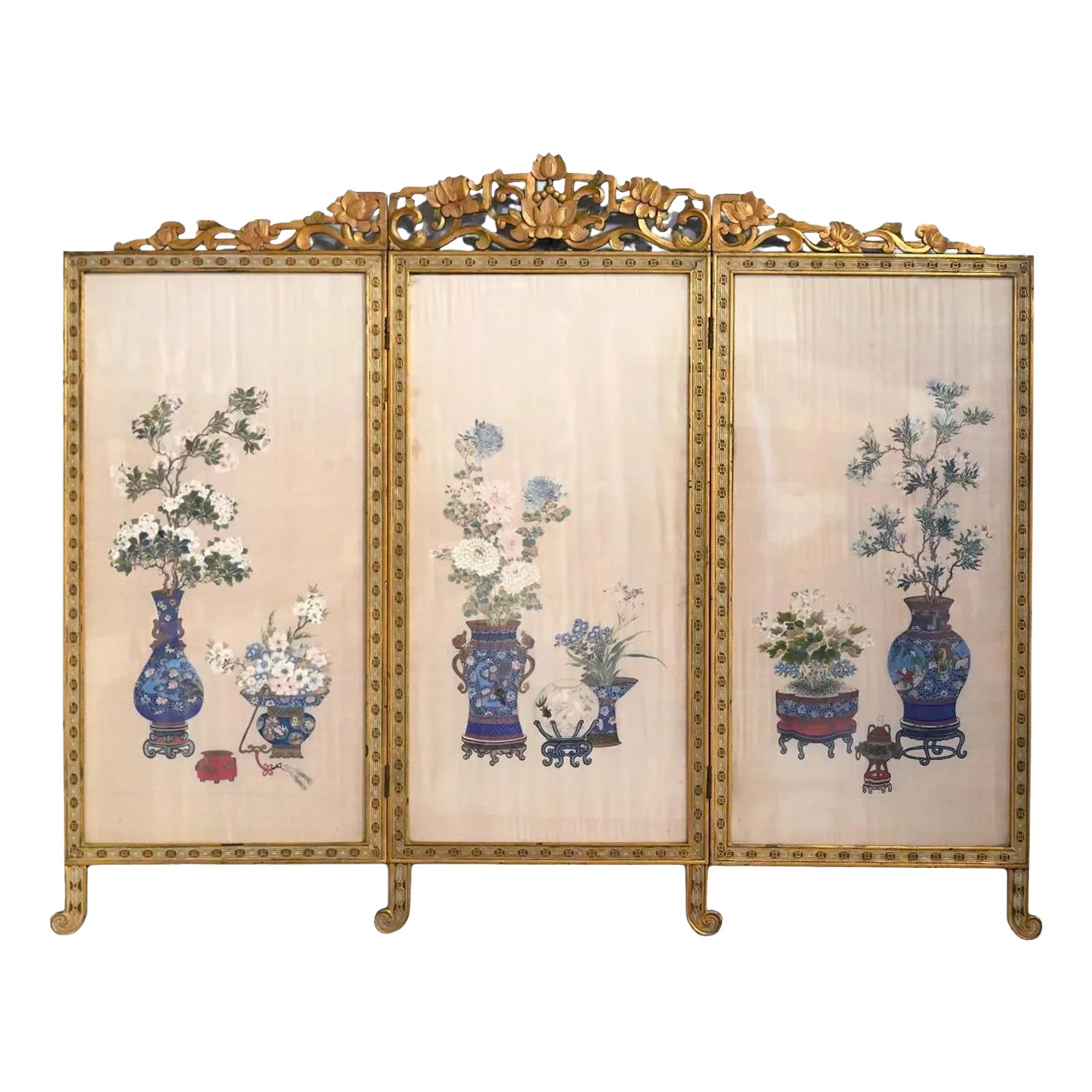 Antique Chinese Floral Painted Silk Three-Panel Screen / Room Divider ...