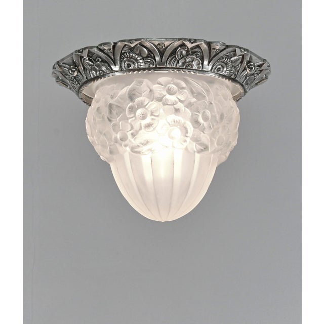 Art Deco 1930s Degue French Art Deco Floral Frosted Glass Flush Mount - 2 Available For Sale - Image 3 of 13