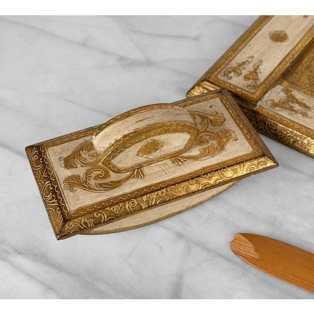 Wood Vintage Italian Rococo Gold Gilt Library Pen Holder Desk Set For Sale - Image 7 of 10