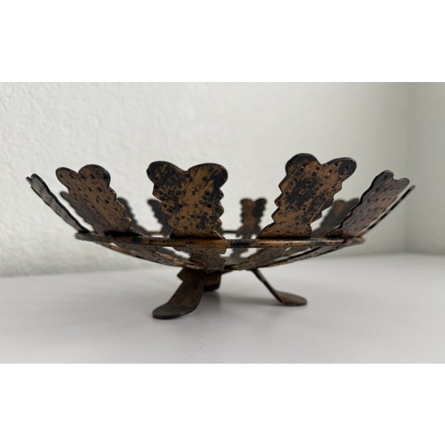 Vintage 1970's Spanish Revival wrought iron bowl. Features a mottled black and bronze finish with, brutalist inspired...