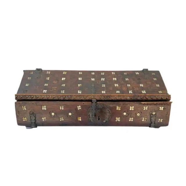 Brown Spanish Colonial Inlaid Travel Desk, Wood and Iron, 17th Century For Sale - Image 8 of 15