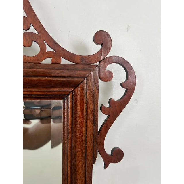 1980s Baker Georgian Chippendale Carved Mahogany Wall Mantel Mirror Fretwork Crest For Sale - Image 5 of 11