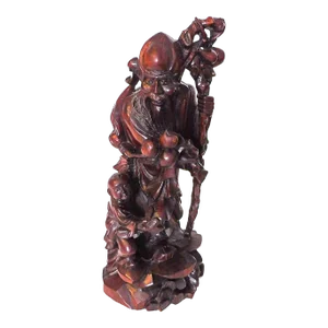 1970s Large Chinese Shou Lao Diety Wood Figurine Statue