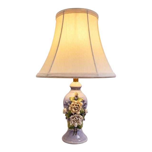 Vintage German Porcelain Floral Table Lamp With Applied Roses, Lavender & Blue For Sale