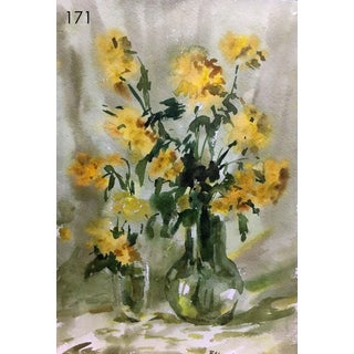 Still Life Yellow Flowers Watercolor Painting Viktor Mikhailichenko For Sale