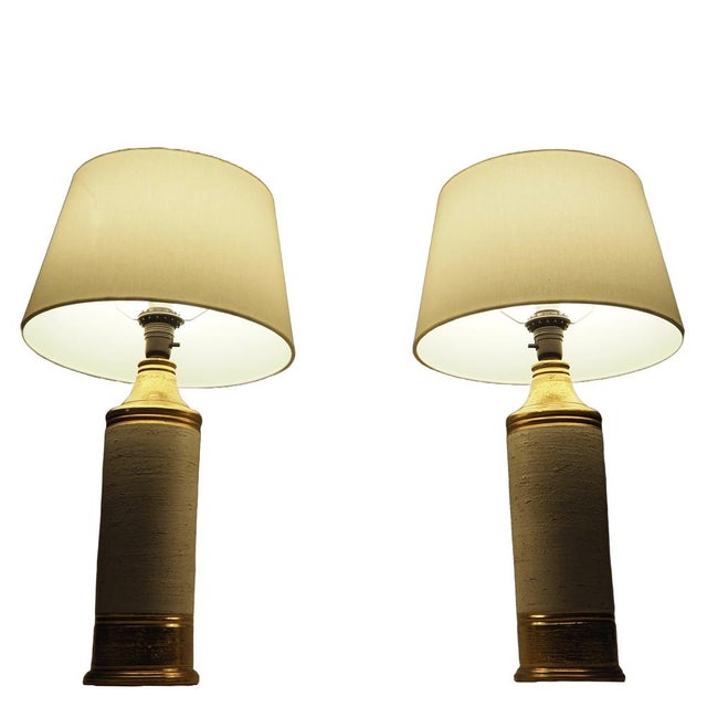 Bitossi Sculptural Cream and Gold Ceramic Table Lamps by Bitossi for Bergboms, Italy, 1960s, Set of 2 For Sale - Image 4 of 11