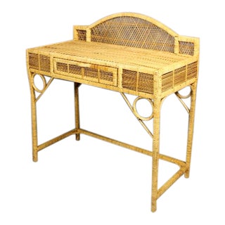 1970s Vintage Wicker Rattan Vanity Table For Sale