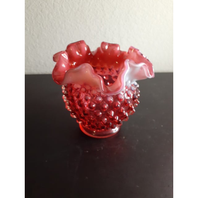 1950s Fenton Cranberry Hobnail Opalescent Ruffled Rose Bowl For Sale - Image 4 of 7