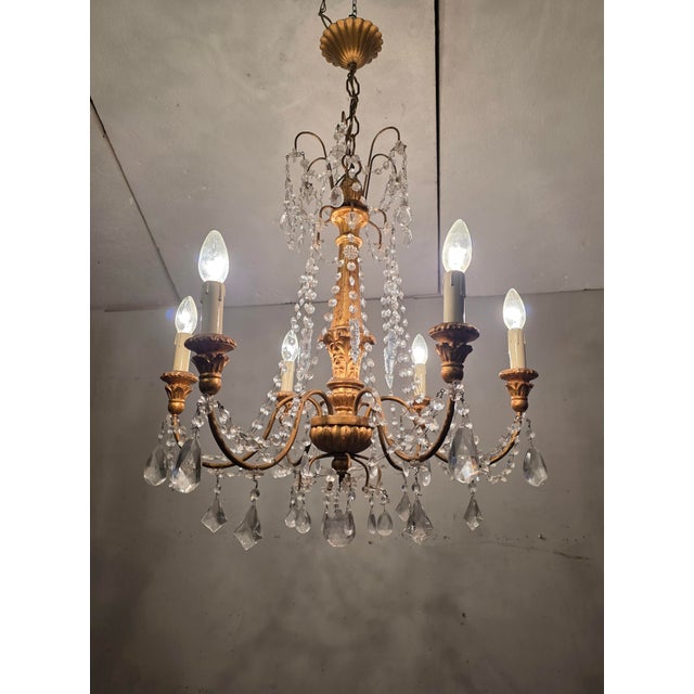 Genoese Chandelier in Gilded Wood and Crystals, 1950s For Sale - Image 6 of 9