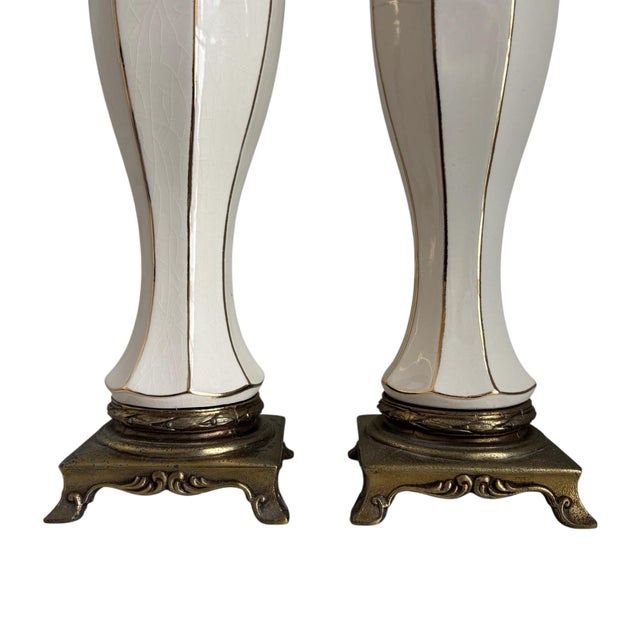 French Vintage Cream Brass Gold Hollywood Regency Gilded Porcelain Boudoir Table Lamps - a Pair For Sale - Image 3 of 6