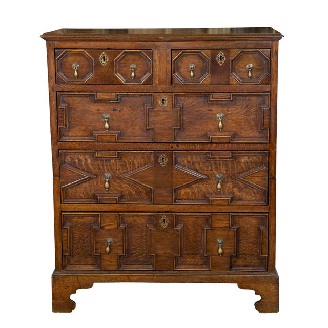Early 19th Century English George III Period 1800s Oak Two Part Geometric Front Five Drawer Chest For Sale - Image 5 of 12