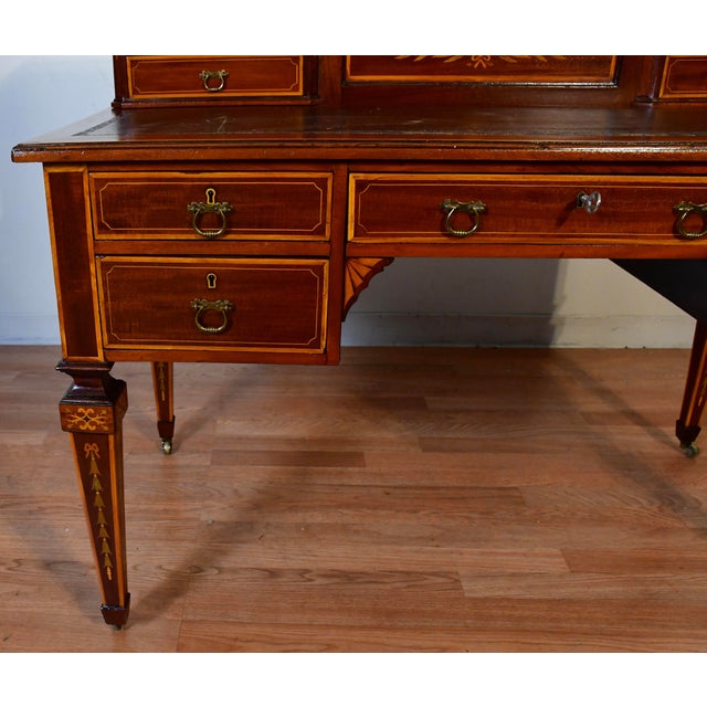 Brown 1900s Antique Federal Style Inlaid Mahogany Writing Desk With Leather Top & Gallery Birmingham Desk For Sale - Image 8 of 18