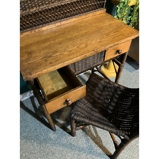 1930s Wicker Rattan Writing Desk & Chair For Sale - Image 6 of 12
