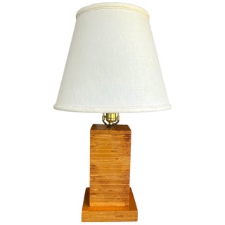 1970s Craftsman-Made Stacked and Laminated Plywood Table Lamp With Linen Shade For Sale