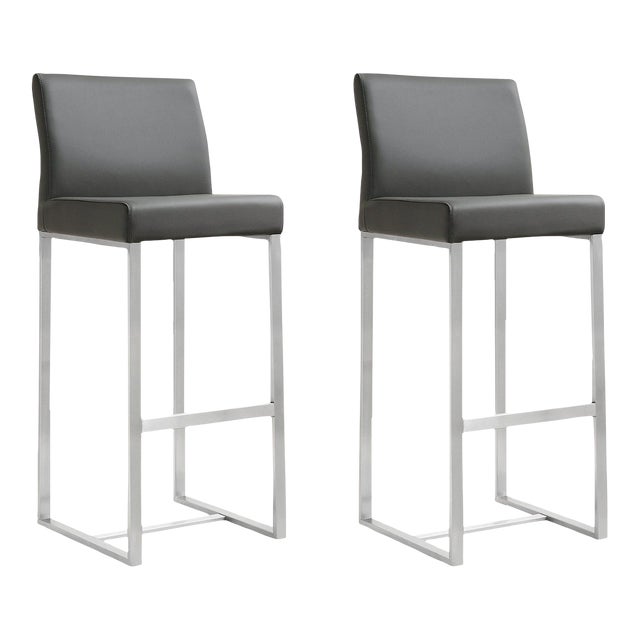 Denmark Grey Vegan Leather & Steel Bar Stools - Set of 2 For Sale
