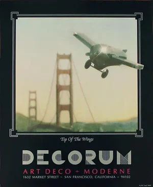 1987 Art Deco Decorum Poster Featuring German Cocktail Shaker, Golden Gate Bridge