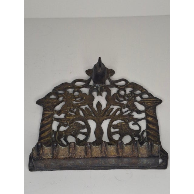 Late 19th Century Antique 19thC Eastern European Brass Menorah Hanukkah Lamp Lions Tree of Life For Sale - Image 5 of 14