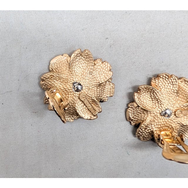 Metal Vintage Signed Boucher Goldtone Faux-Sapphire Flower Clip Earrings- 2 Pieces For Sale - Image 7 of 7