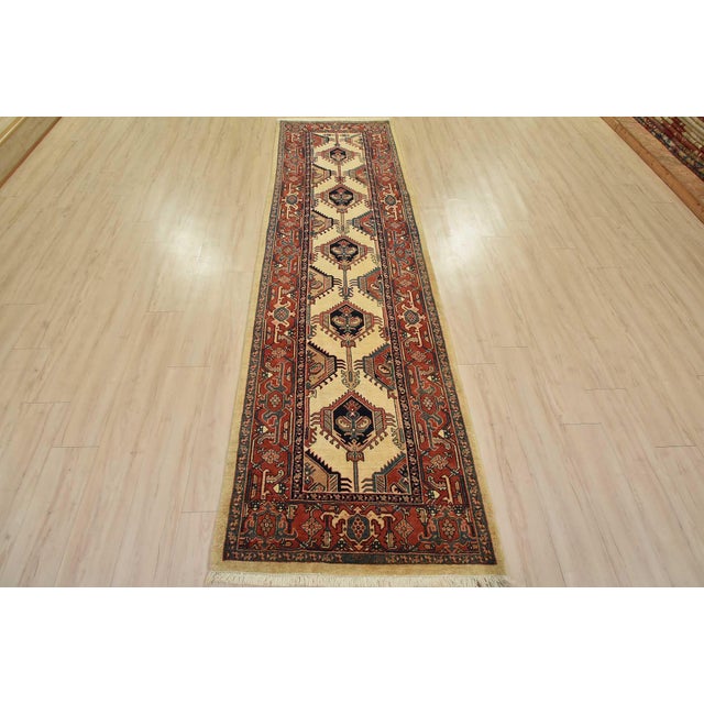 Farmhouse Fine Heriz Runner 3’2” X 10’7” Beige Wool Vintage Hand-Knotted Oriental Rug For Sale - Image 3 of 14