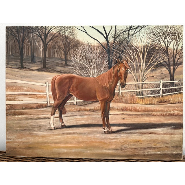 Mid Century Oil Painting of a Chestnut Horse in a Idyllic Winter Landscape For Sale - Image 6 of 6