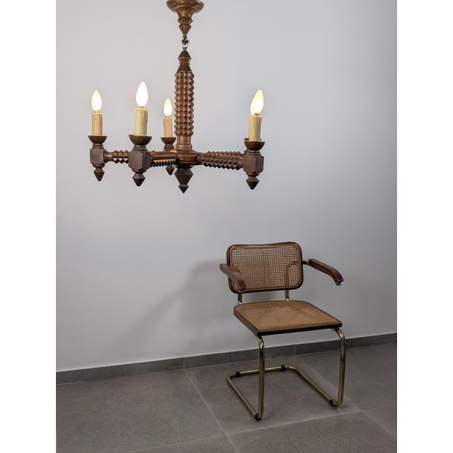 French Brutalist Carved Wood Chandelier by Charles Dudouyt, 1940s For Sale - Image 9 of 15