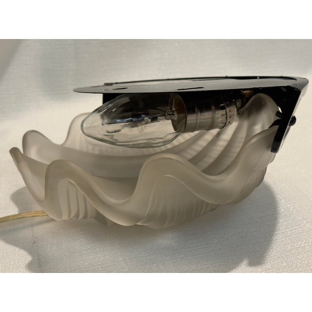 Metal 1980s Frosted Glass Clamshell Sconce by Turtle and Crane - René Lalique Art Deco Homage For Sale - Image 7 of 11