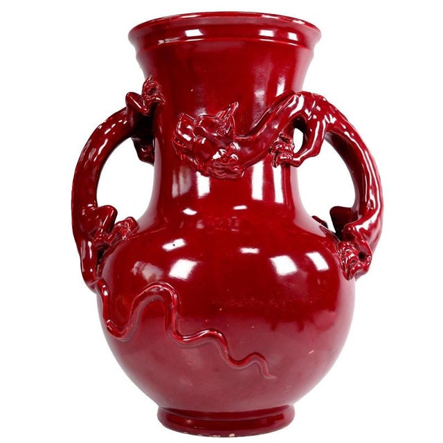 Copper Chinese Sang de Boeuf Glazed Ceramic Dragon Vase with Relief Handles, 1890s For Sale - Image 8 of 13