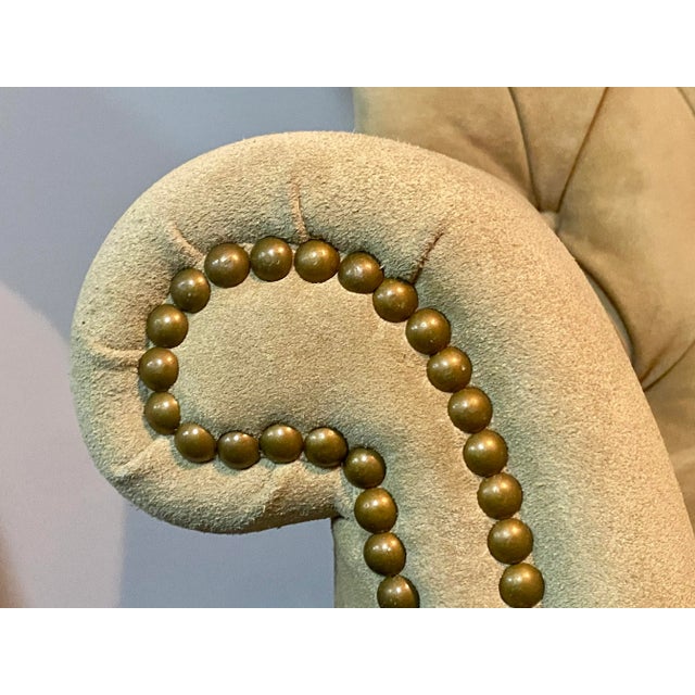Tufted Wingback Chair in Italian Suede With French Nailheads For Sale - Image 4 of 11